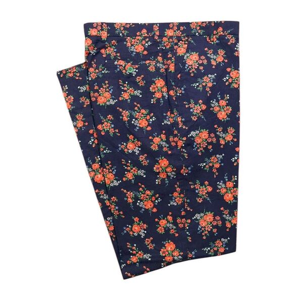 Mens 34 Floral Pants Navy Blue Orange Cotton Flat Front Straight Fit Trousers